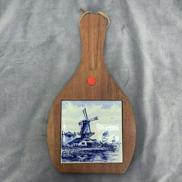 Vintage Dutch Delft Windmill Tile Wooden Cheese Cutting Board Holland - Picture 7 of 7